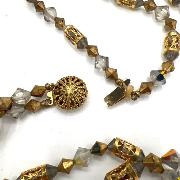 Vtg Double Strand 18" Beaded Necklace GoldTone AB Crystal Bicone Filigree Tubes - Picture 6 of 8
